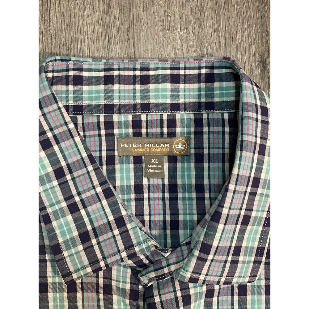 Peter Millar Summer Comfort Shirt Mens Blue Plaid Long Sleeve Shirt Size XL - Picture 2 of 8